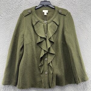 Chicos Blazer Coat Jacket Womens 2 Green Wool Blend Button Up Ruffle Trim Formal